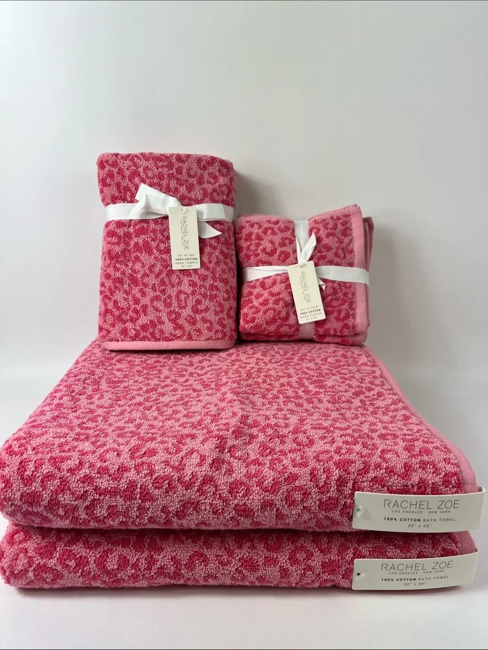 Rachel Zoe Bath Towel Set Pink Leopard Animal Print Soft 100% Cotton 8 Pc NEW